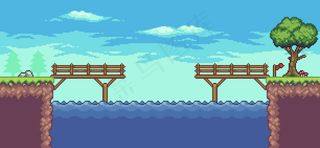 像素艺术街机游戏场景与浮动平台河桥树木和云8bit