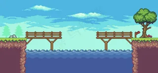 像素艺术街机游戏场景与浮动平台河桥树木和云8bit