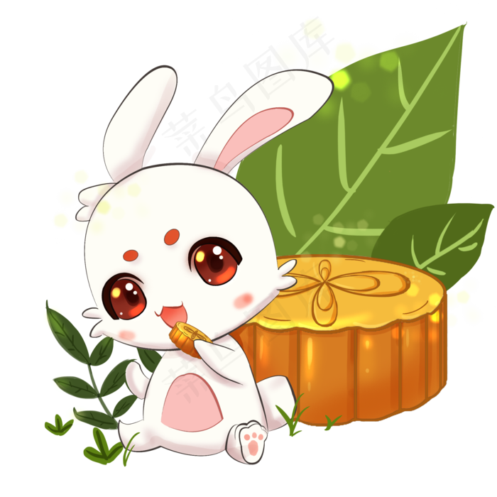 中秋节白色绿色喜庆可爱风玉兔吃