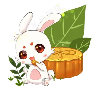 中秋节白色绿色喜庆可爱风玉兔吃