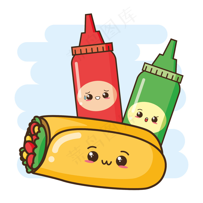 Kawaii快餐可爱的玉米煎饼和酱汁插图eps,ai矢量模版下载
