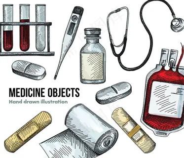 水彩医用贴片、石膏、玻璃瓶、注射器、数字体温计、输血袋、输液管、听诊器、两片长片、绷带卷