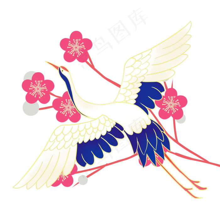 仙鹤展翅红色桃花