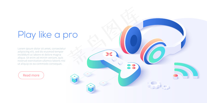 视频游戏控制器和耳机等轴测设置。