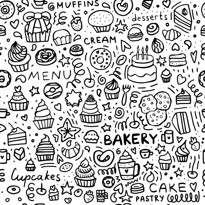 Bakery doodle无缝图案甜点松饼纸杯蛋糕和蛋糕黑白糕点套装