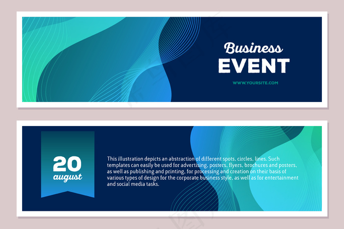 蓝色彩色抽象构图的模板插图，文本背景为深色，水平格式。业务事件概念。正面和背面。