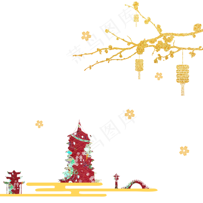 金色红色花塔中秋