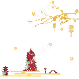 金色红色花塔中秋