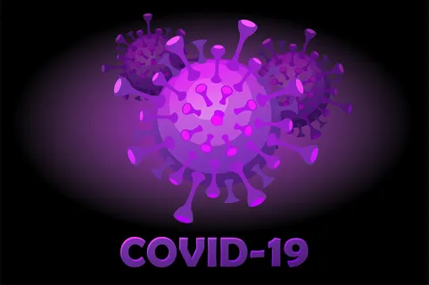 明亮的卡通紫色 covid-19 和题词。冠状病毒疾病流行。