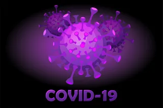 明亮的卡通紫色 covid-19 和题词。冠状病毒疾病流行。