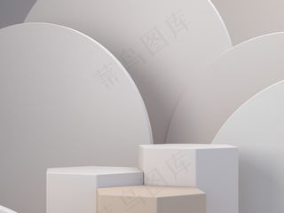 粉彩在自然的粉彩抽象背景上的形状。最小六边形平台。具有几何形式的场景。空展柜，化妆品展示。时尚杂志。3d渲染。