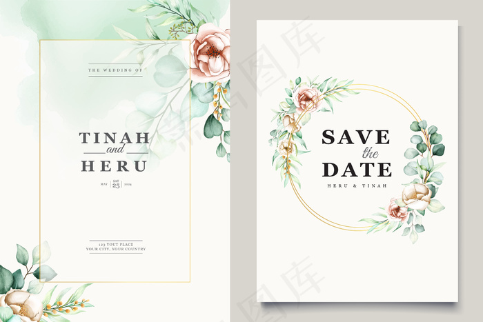 水彩桉树婚礼请柬模板