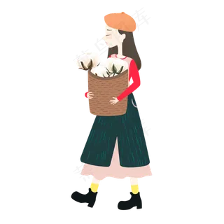 抱着一筐棉花的文艺女生可商用元