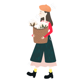 抱着一筐棉花的文艺女生可商用元