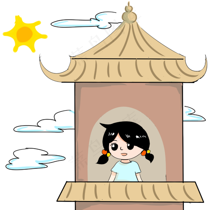 小女孩亭楼赏菊花插画