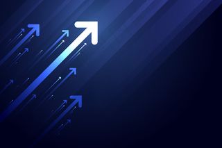 深蓝色背景上的亮箭头向上电路，带有复制空间复制插图，业务增长概念。