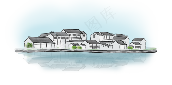 中国水墨手绘古镇
