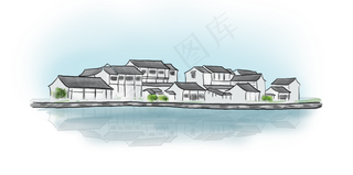 中国水墨手绘古镇