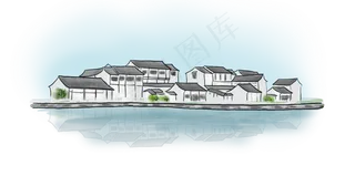 中国水墨手绘古镇