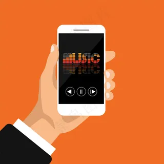 手持手机，可在屏幕上播放mp3或录音。矢量插图。