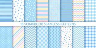 剪贴簿无缝模式。男婴背景。矢量。设置纹理。蓝色复古印花。