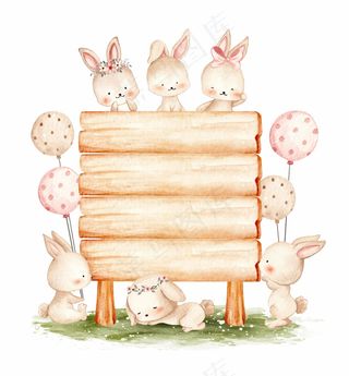可爱的兔子与木牌水彩插图