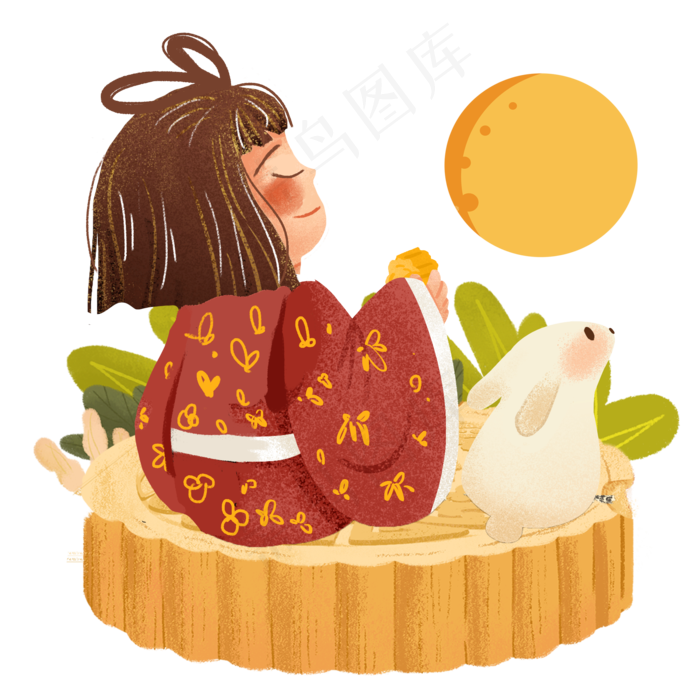 中秋吃月饼赏月女孩png素材