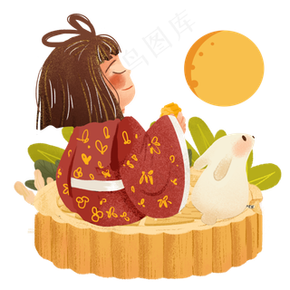 中秋吃月饼赏月女孩png素材
