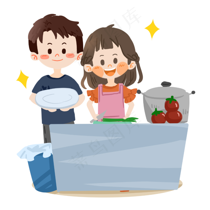 七夕卡通情侣一起切菜PNG素材(3000X3000(DPI:300))psd模版下载