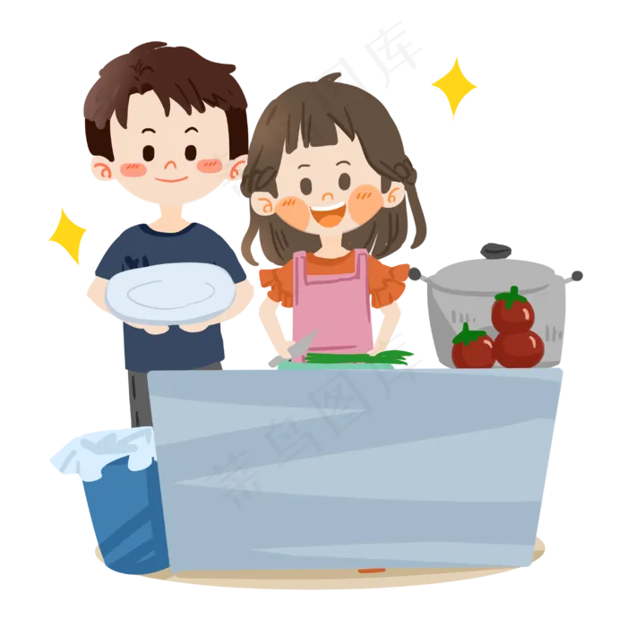 七夕卡通情侣一起切菜PNG素材(3000X3000(DPI:300))psd模版下载