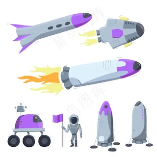 宇宙飞船、火箭、火星车的矢量插图集。涂鸦卡通矢量图标。