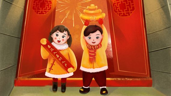 男孩女孩过新年春节烟花炮竹