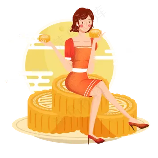 吃月饼中秋圆月女孩png