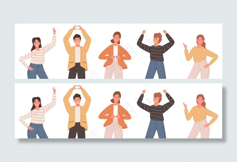 一组穿着休闲服、展现不同姿势、面带笑容的人