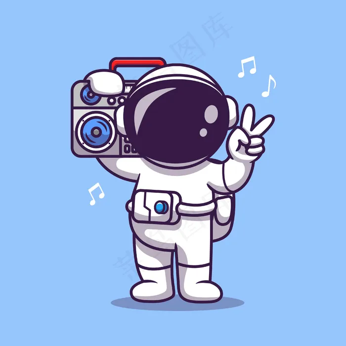 可爱的宇航员用boombox卡通图标插图听音乐。科技图标概念