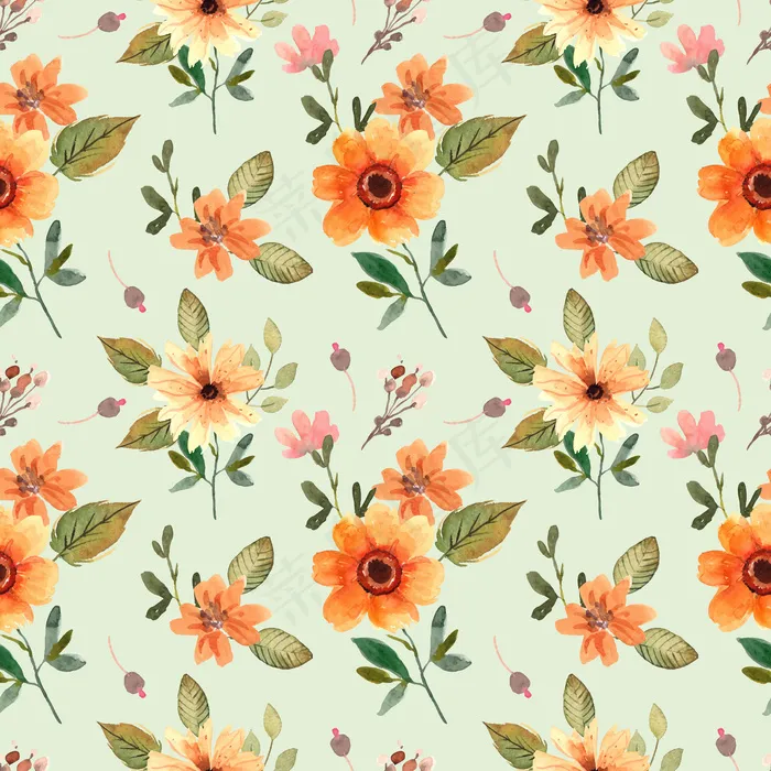 无缝水彩图案，橙色花朵和绿色叶子，适合春天eps,ai矢量模版下载