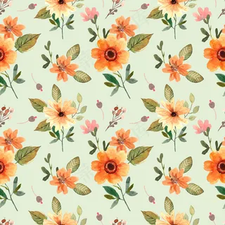 无缝水彩图案，橙色花朵和绿色叶子，适合春天
