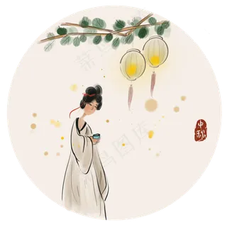 水墨中秋节水墨赏灯人物