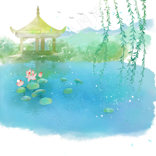 水彩清新古风手绘小亭子柳叶荷叶,免抠元素