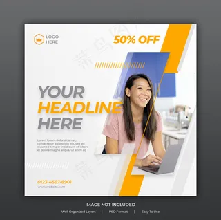 社交媒体帖子横幅banner模板或方形宣传单,DM传单