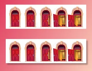 打开红色前门，白色背景上的石拱门与世隔绝。卡通设置的房子入口，大厅内部后关闭，半开和开放的门在建筑正面