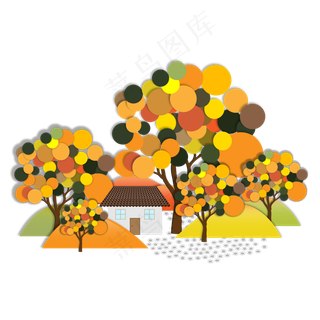 秋天树木山丘林間小屋矢量素材