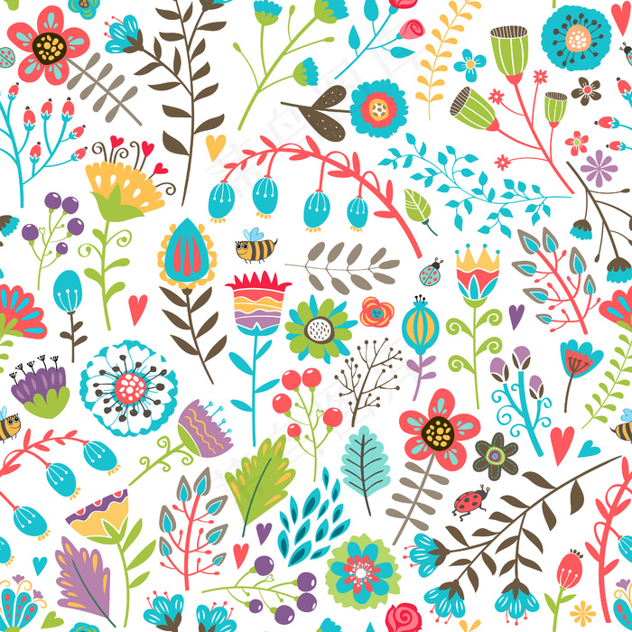 可爱的无缝图案与彩色手绘夏季花朵随机散落在繁忙的设计适合壁纸包装纸和织物