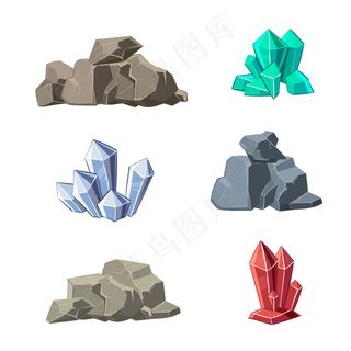 卡通矿物和石头集。石材矿物，卡通矿物石，天然矿物石，水晶矿物石插画