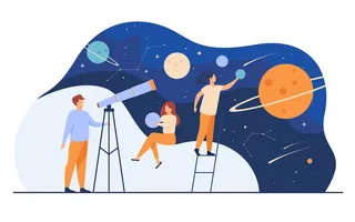通过望远镜研究星系的人。妇女拿着行星模型样机，观看流星和星座。占星、天文学、发现、占星学概念的平面矢量图