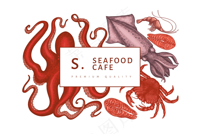 海鲜设计模板。手绘矢量海鲜插图。雕刻风格的食品横幅banner。复古海洋动物背景