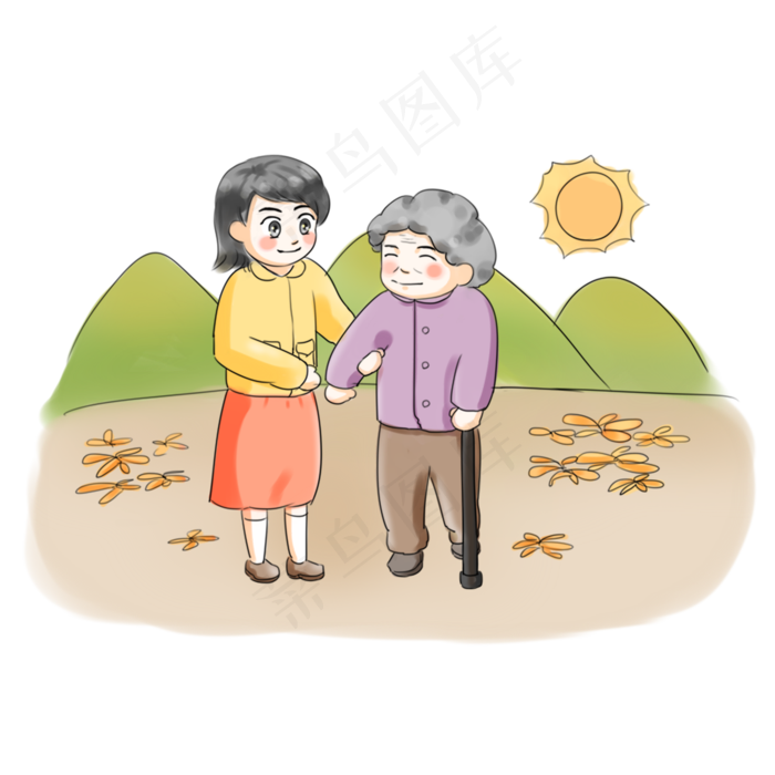 重阳节全家团圆登高卡通手绘两人