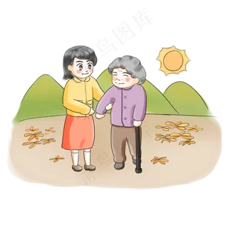 重阳节全家团圆登高卡通手绘两人