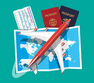 客机、登机牌和护照、地图