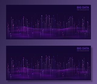 大数据可视化。数据流的未来设计。带有流动粒子的抽象数字背景。抽象数字背景与波，线和点。